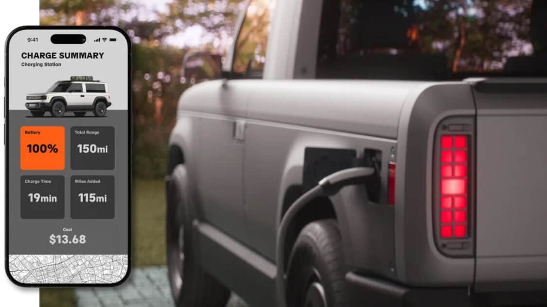 Slate Auto EV Truck using Tesla NACS charger to charge, and app showing charge summary.