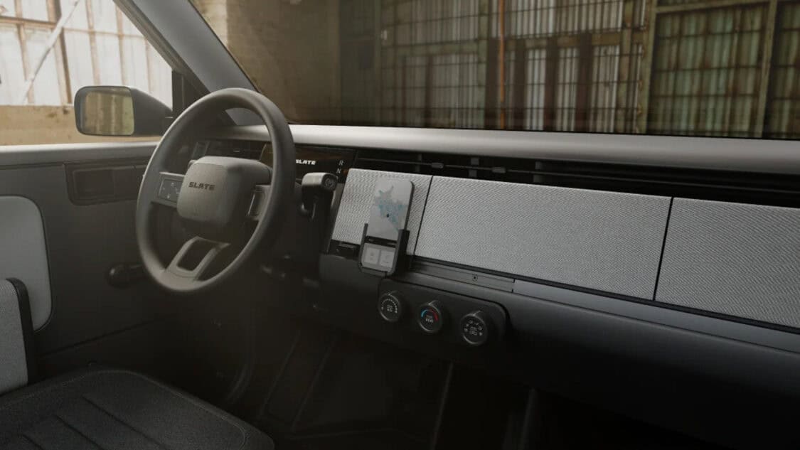 Slate Auto EV interior dashboard and steering wheel.