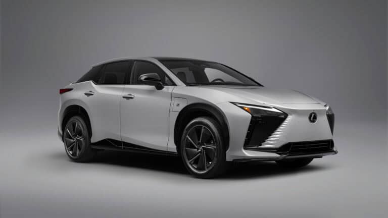 Front three-quarter passenger view of a 2026 Lexus RZ 550e F SPORT electric SUV.