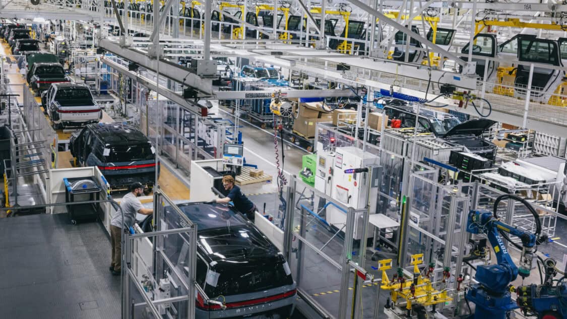 Rivian R1T and R1S production line