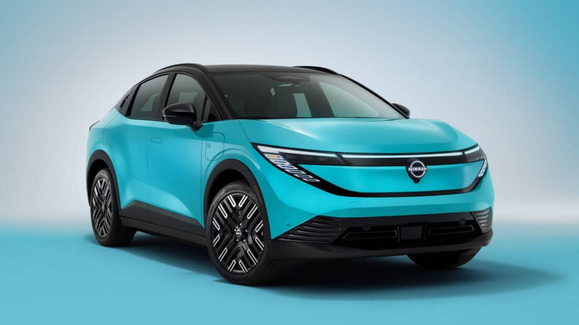 2026 Nissan Leaf compact electric SUV in Seabreeze Blue, showcasing its new crossover design and updated LED headlights.