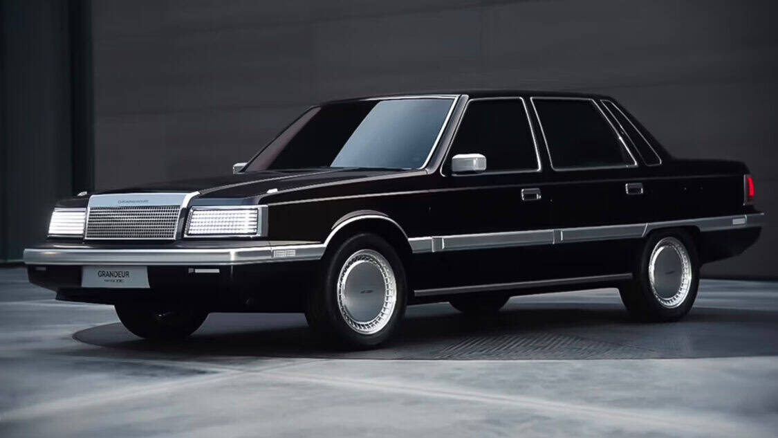Hyundai Grandeur Heritage Series electric concept car featuring retro 1980s sedan styling with pixel LED headlights and covered wheels.