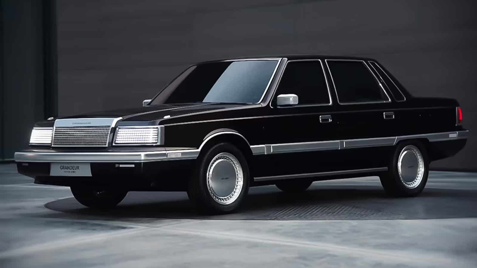 Hyundai Grandeur Heritage Series electric concept car featuring retro 1980s sedan styling with pixel LED headlights and covered wheels.