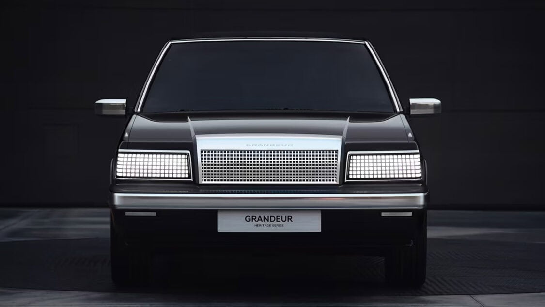 Hyundai Grandeur Heritage Series electric concept car featuring retro 1980s sedan styling with pixel LED headlights.