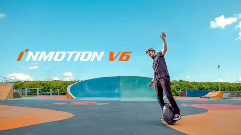 Man riding the Inmotion V6 electric unicycle at a skate park under a clear blue sky, with logo displayed across the image.