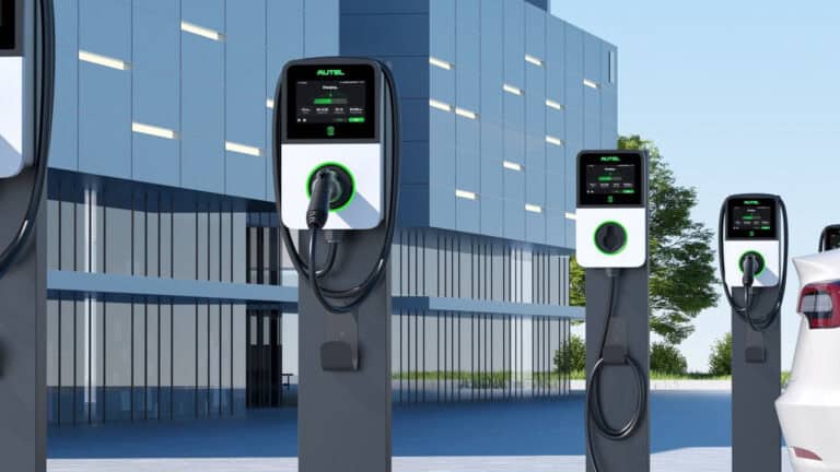 Autel MaxiCharger AC Level 2 units installed at a modern commercial parking facility, ready for EV infrastructure rollout.