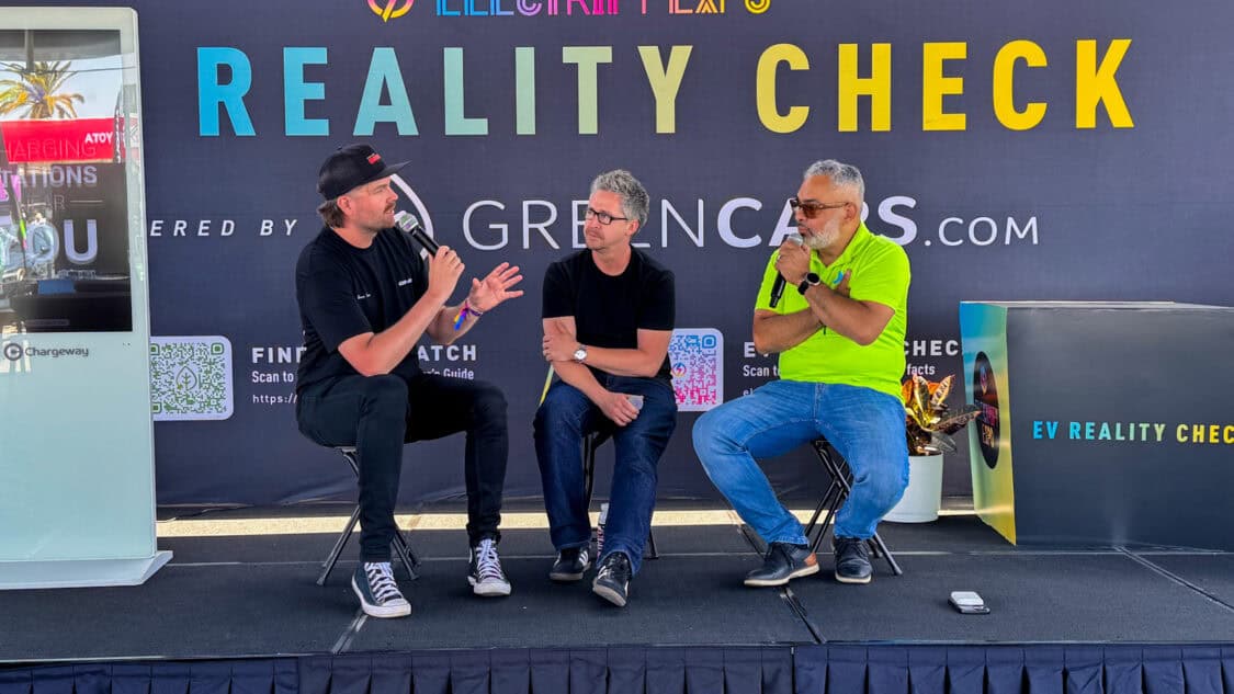 Marc-Olivier Drouin of Can-Am on stage with Matt Teske and Diego Cardenas at Electrify Expo during an EV Reality Check session, powered by GreenCars, filmed for media coverage on electrification and EV technology