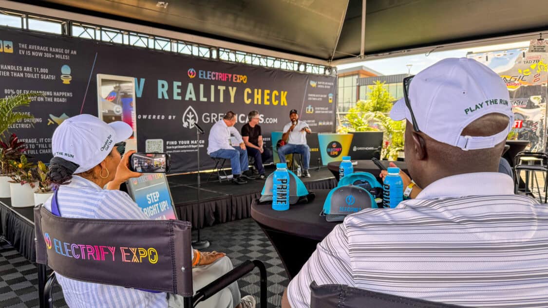 Matt Teske and Blake Aaron host the EV Reality Check Stage, powered by GreenCars, at Electrify Expo Phoenix, filmed for media coverage on electrification and EV technology