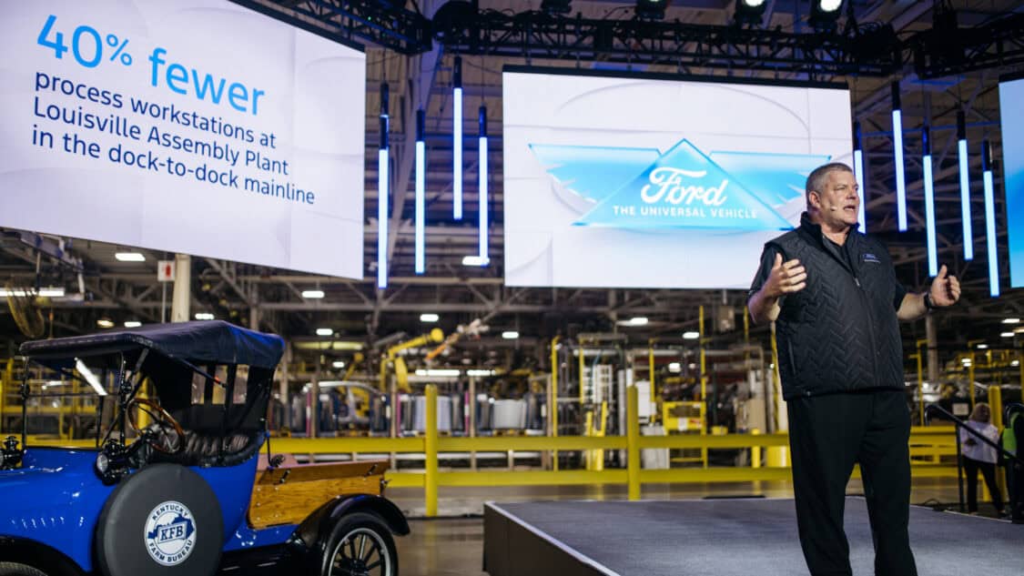 Bryce Currie speaks at Louisville Assembly Plant launch of Ford Universal EV Platform and Production System for upcoming midsize electric pickup.