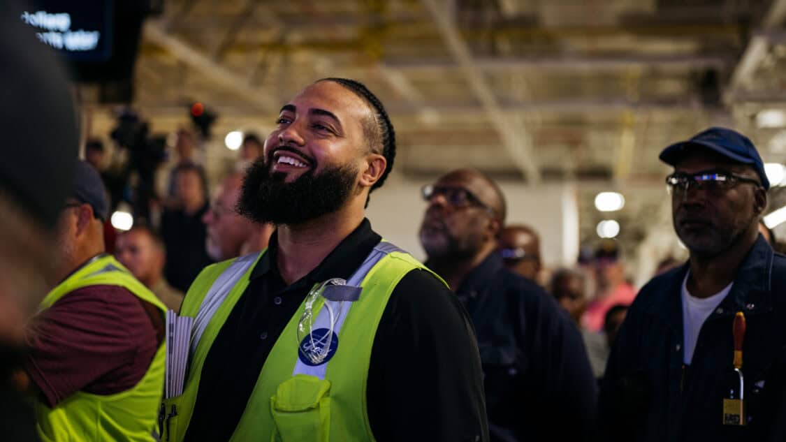 Louisville Assembly Plant employees and others listen as Ford shares its plans to design and assemble breakthrough electric vehicles in America on August 11, 2025.