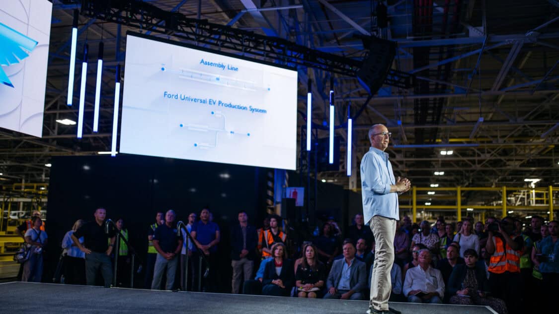 Doug Field, chief EV, digital and design officer at Ford, speaks at Louisville Assembly Plant on August 11, 2025, about an affordable electric truck.