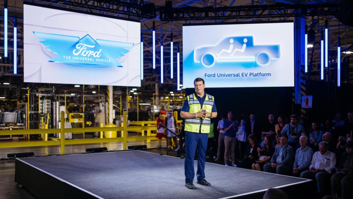 Ford President and CEO Jim Farley speaks at Louisville Assembly Plant on August 11, 2025, unveiling plans for an affordable electric truck built in America.