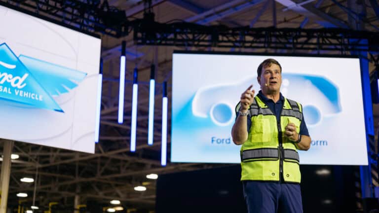 Ford President and CEO Jim Farley speaks at Louisville Assembly Plant on August 11, 2025, unveiling plans for an affordable electric truck built in America.
