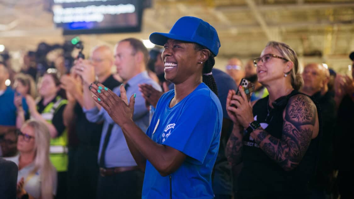Louisville Assembly Plant employees and guests listen to Ford announce plans to design and assemble breakthrough electric vehicles in the U.S. on August 11, 2025.