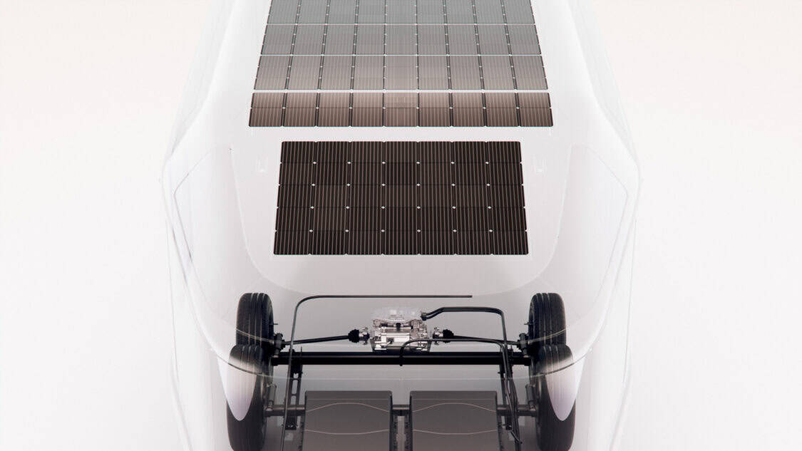 Overhead view of the Lightship AE.1 TrekDrive Power System with dual solar panel arrays and integrated electric drivetrain.
