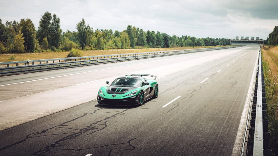 Rimac Nevera R parked on a straight section of the ATP Papenburg test track after completing its record-breaking 0–400–0 km/h run.