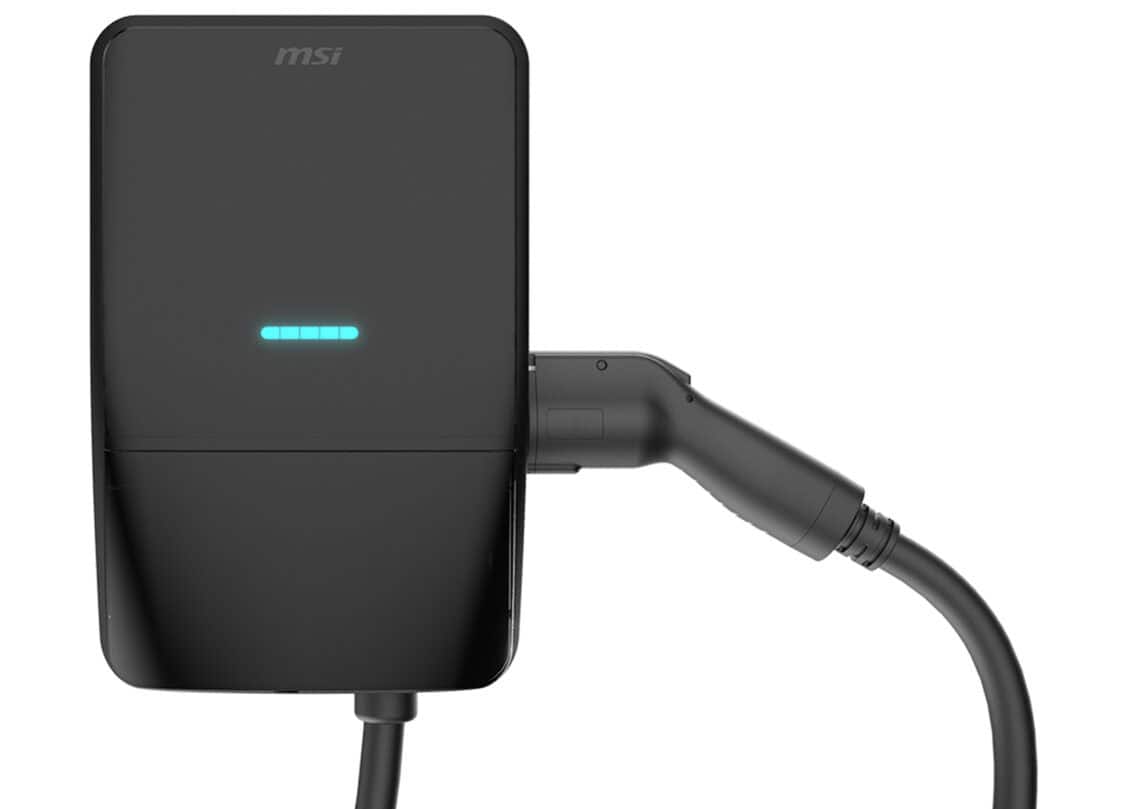 MSI EV Life home charger with cable connected, offering up to 14.4 kW charging power for EVs.