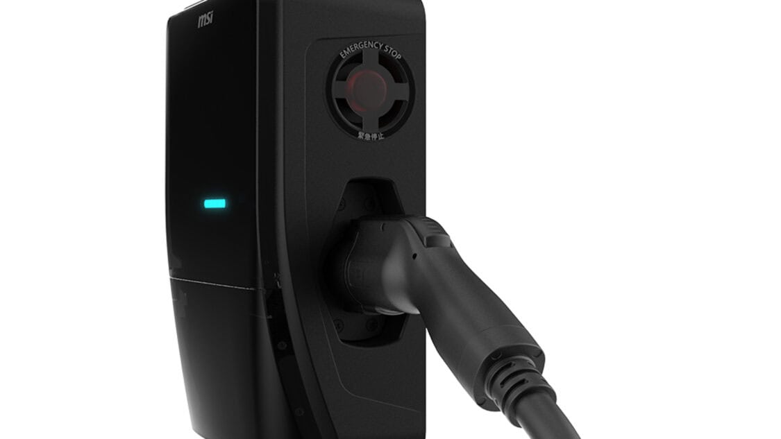 Side view of MSI EV Life Plus charger with emergency stop button and charging cable connected.