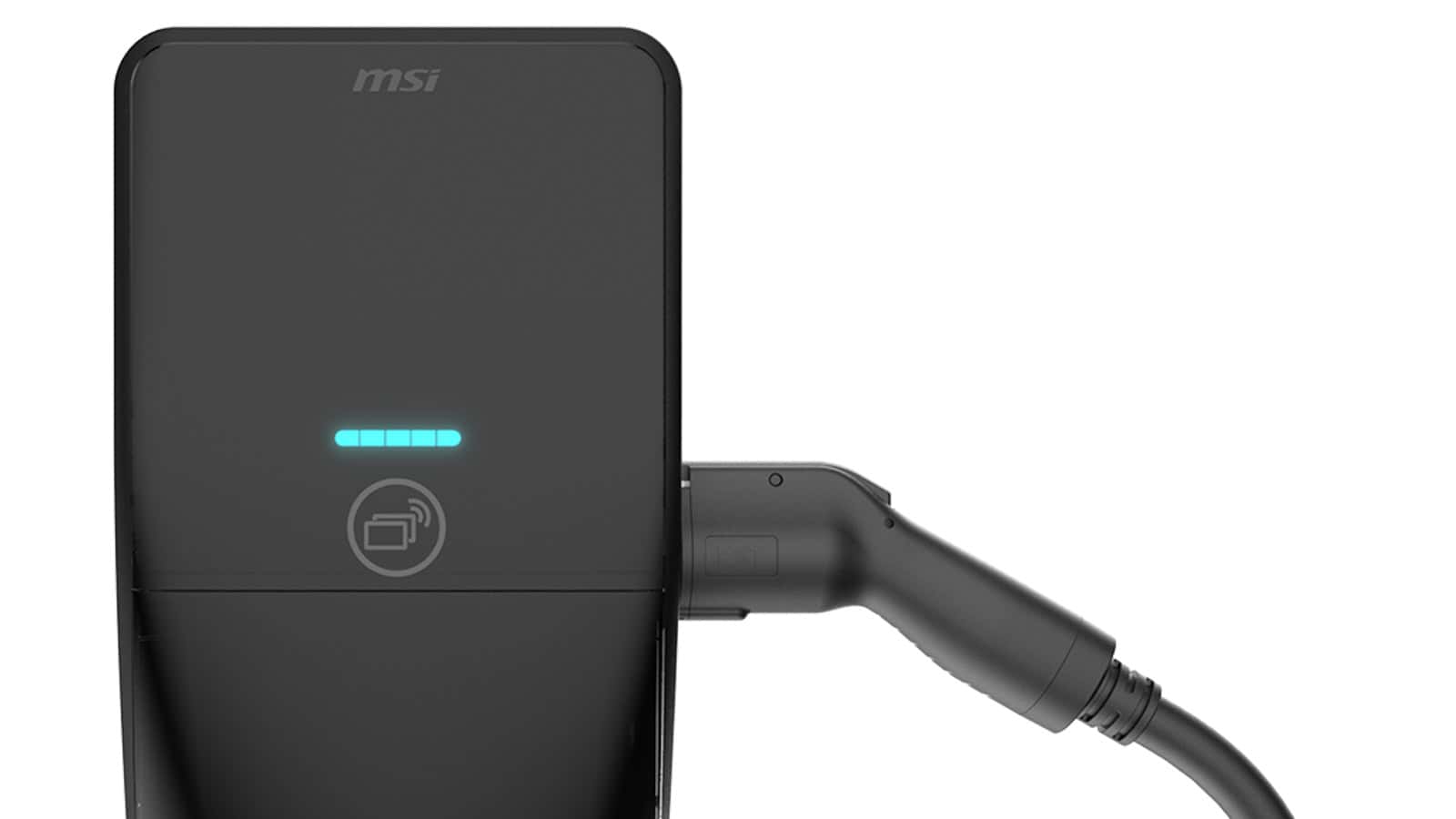 Front view of MSI EV Life wall charger showing RFID reader and glowing status bar.