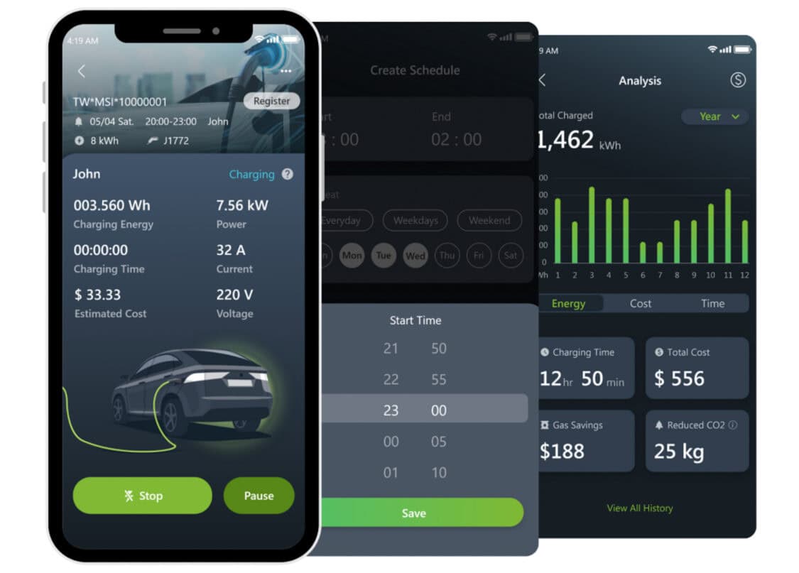 MSI EV Life mobile app displaying EV charging status, scheduling, and energy cost analysis.
