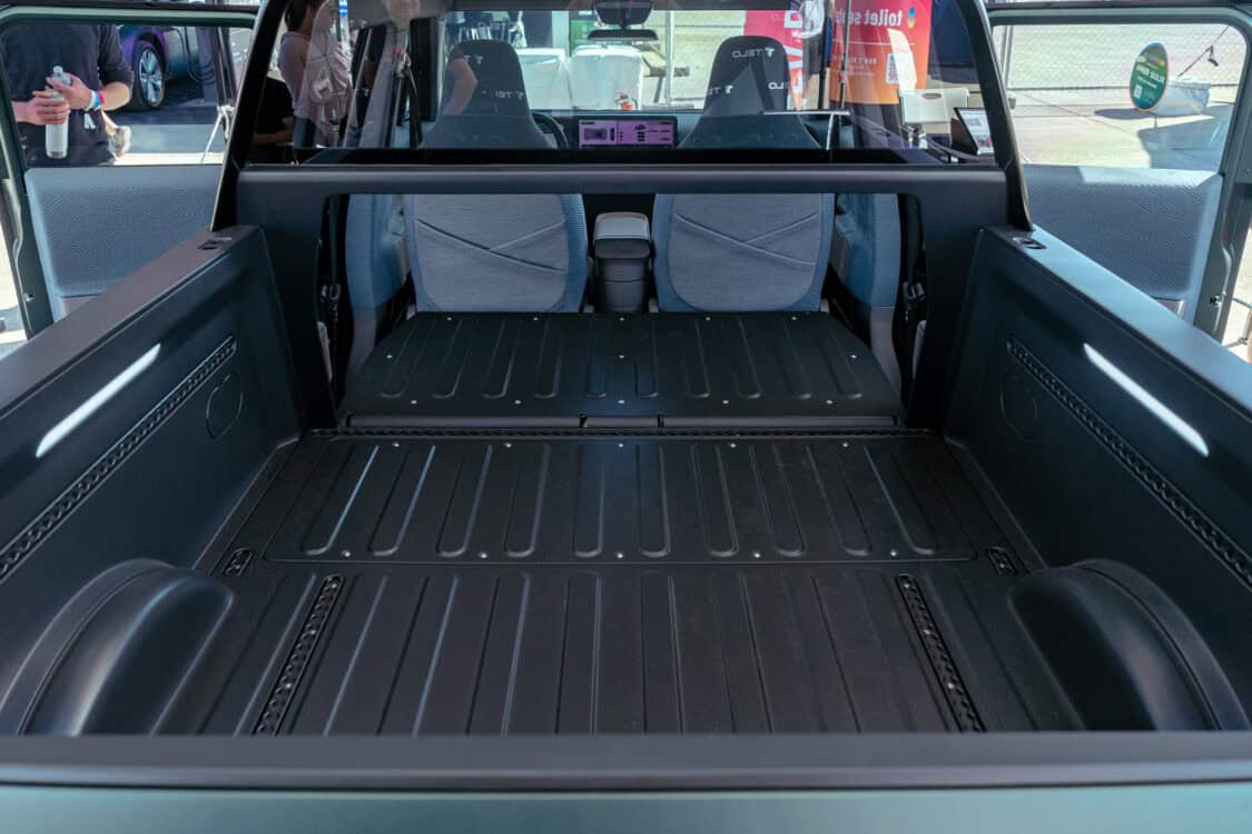 The TELO MT1 electric mini truck bed with extended flat cargo space on display at Electrify Expo San Francisco.