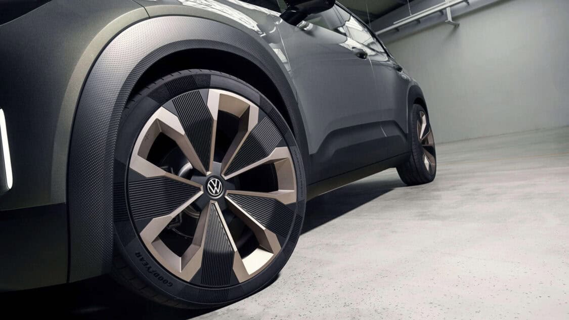 Close-up of the Volkswagen ID. CROSS Concept wheel with custom 21-inch Balboa alloy and Goodyear tire design.