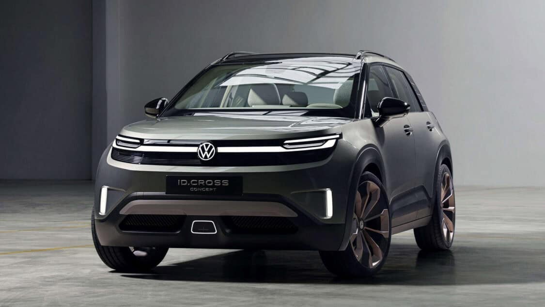 Front view of the Volkswagen ID. CROSS Concept compact electric SUV with Pure Positive design and illuminated grille accents.