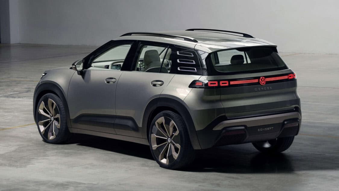 Rear view of the Volkswagen ID. CROSS Concept compact electric SUV featuring 3D light signature and Urban Jungle green finish.