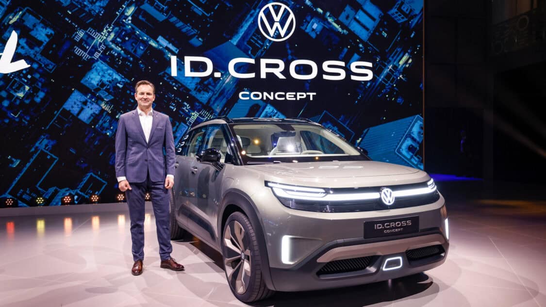 Volkswagen CEO Thomas Schäfer presenting the ID. CROSS Concept compact electric SUV at its world premiere in Munich.