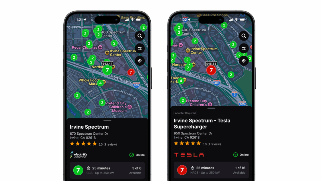 Two smartphones displaying the Chargeway app with real-time EV charging prices comparing Electrify America and Tesla stations in Irvine, California.