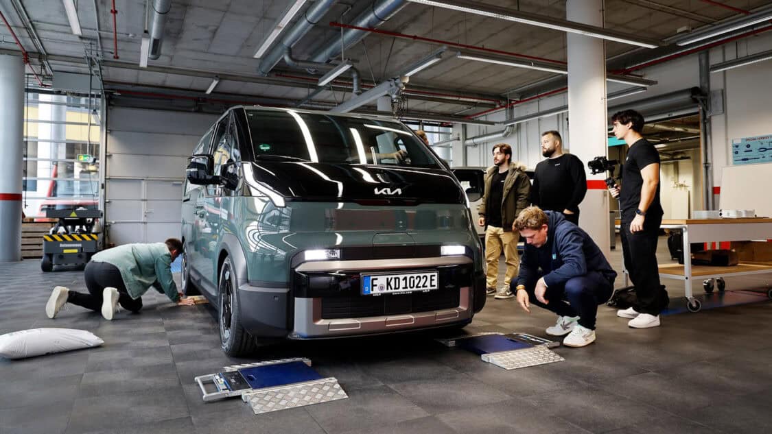 Kia PV5 Cargo electric van being prepped and weighed before Guinness World Record range test.