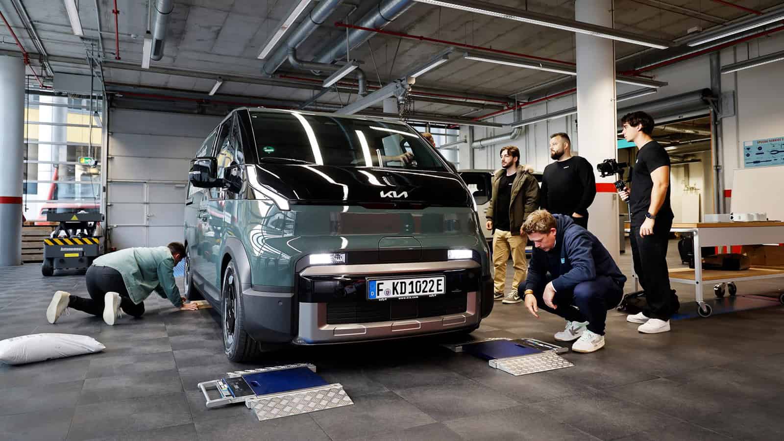 Kia PV5 Cargo electric van being prepped and weighed before Guinness World Record range test.