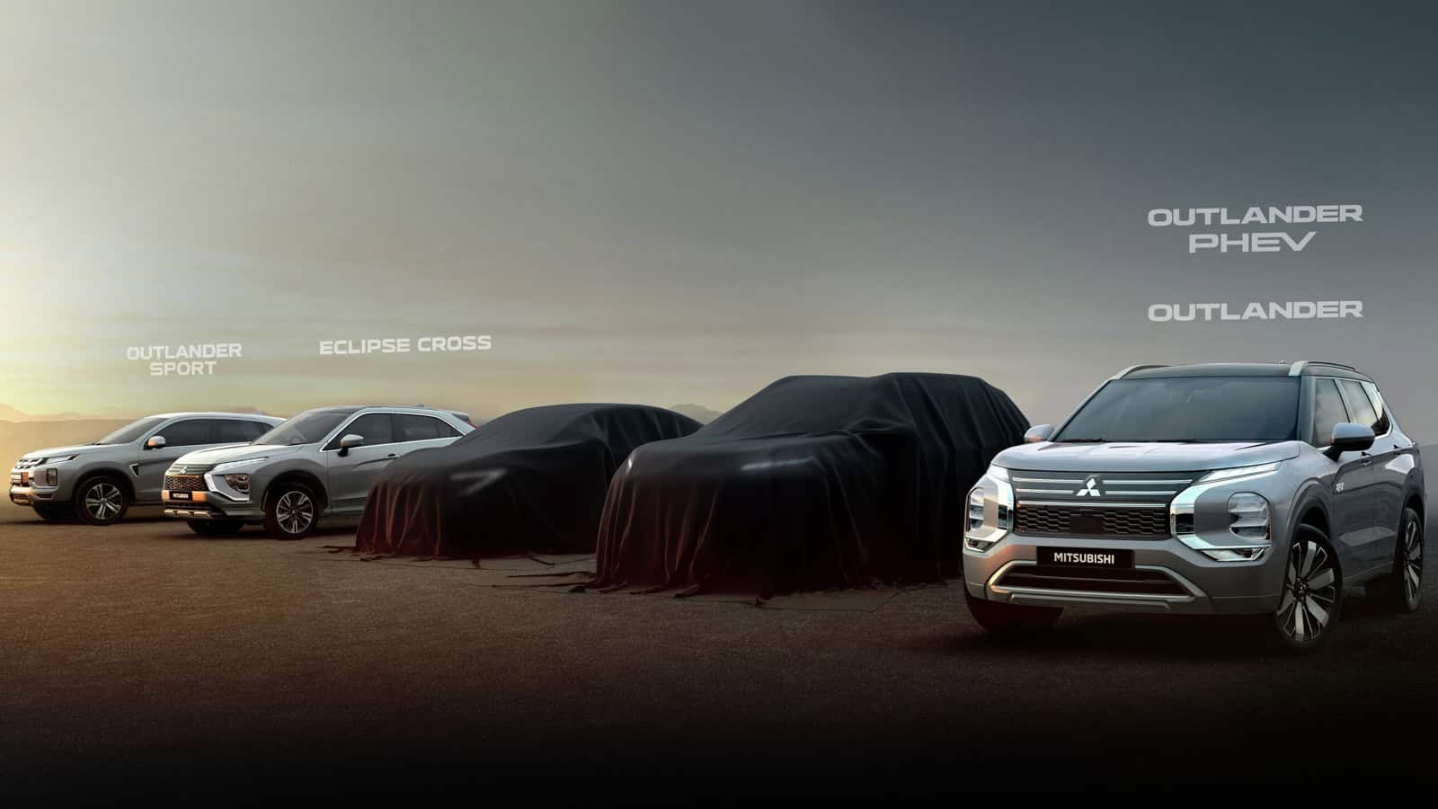 Mitsubishi SUV lineup featuring Outlander Sport, Eclipse Cross, and Outlander models, with two upcoming vehicles covered under wraps.