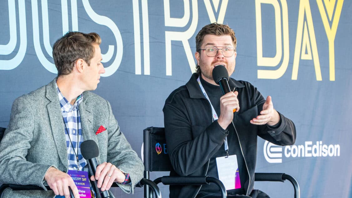 Matthew Chandler of QNX, and Marc-Olivier Drouin of Can-Am discuss EV performance onstage at Electrify Expo Industry Day in New York.