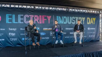 Panel discussion at Electrify Expo Industry Day featuring John Voelcker, GM engineer Andy Oury, and Stark Future’s Dan Quick talking EV range and charging.