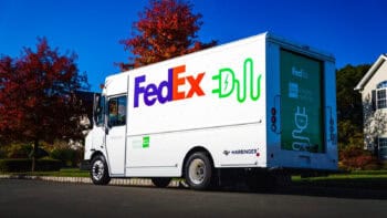 FedEx medium-duty electric truck built on a Harbinger EV chassis.