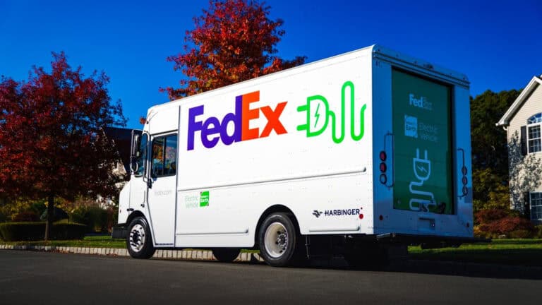 FedEx medium-duty electric truck built on a Harbinger EV chassis.