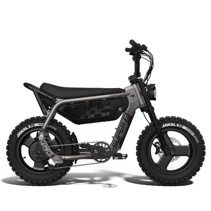 The new SUPER73-MZFT electric bike in Titanium Ore finish, featuring chunky tires, a compact frame, and a 500W motor.