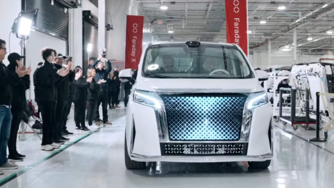 FX Super One pre-production electric MPV rolls through Faraday Future’s California AI-Factory as employees applaud on the assembly line.