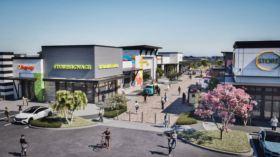 Modern retail destination rendering at Lake Nona West in Orlando, featuring walkable storefronts, outdoor plazas, and integrated EV charging near shopping and dining areas.