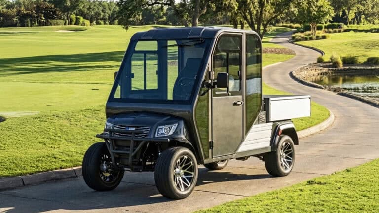 Massimo MVR HVAC electric utility vehicle with enclosed cab and cargo bed driving on a landscaped campus road for fleet and commercial use.