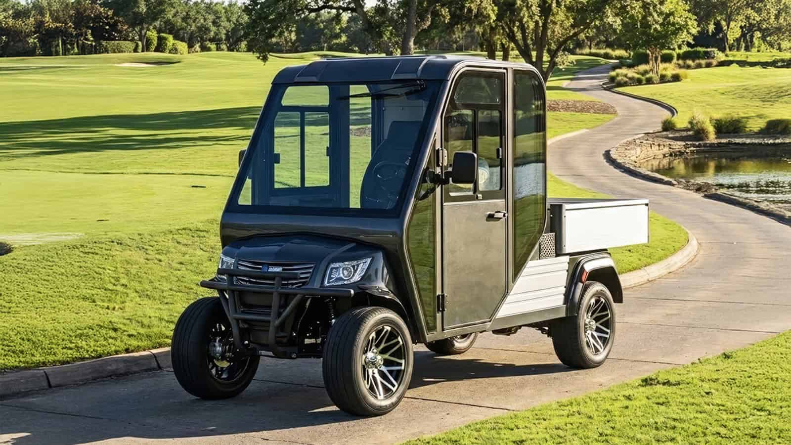 Massimo MVR HVAC electric utility vehicle with enclosed cab and cargo bed driving on a landscaped campus road for fleet and commercial use.