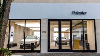 Polestar retail location in Coral Gables with Polestar EVs displayed through large glass windows at 336 Miracle Mile.