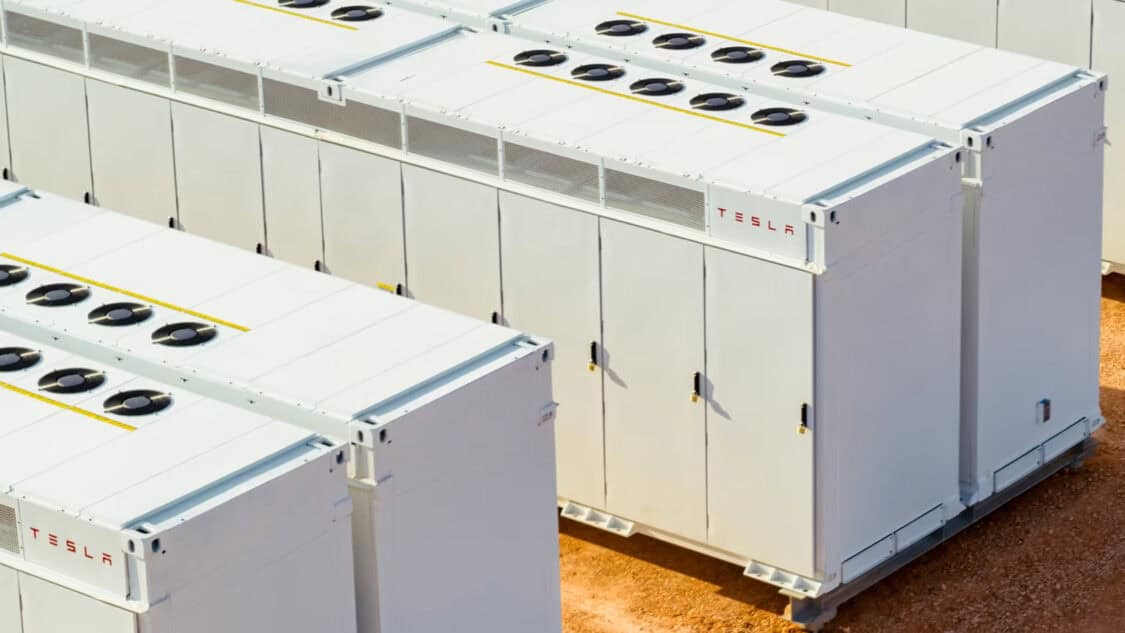 Tesla Megapack battery units used for utility-scale energy storage.
