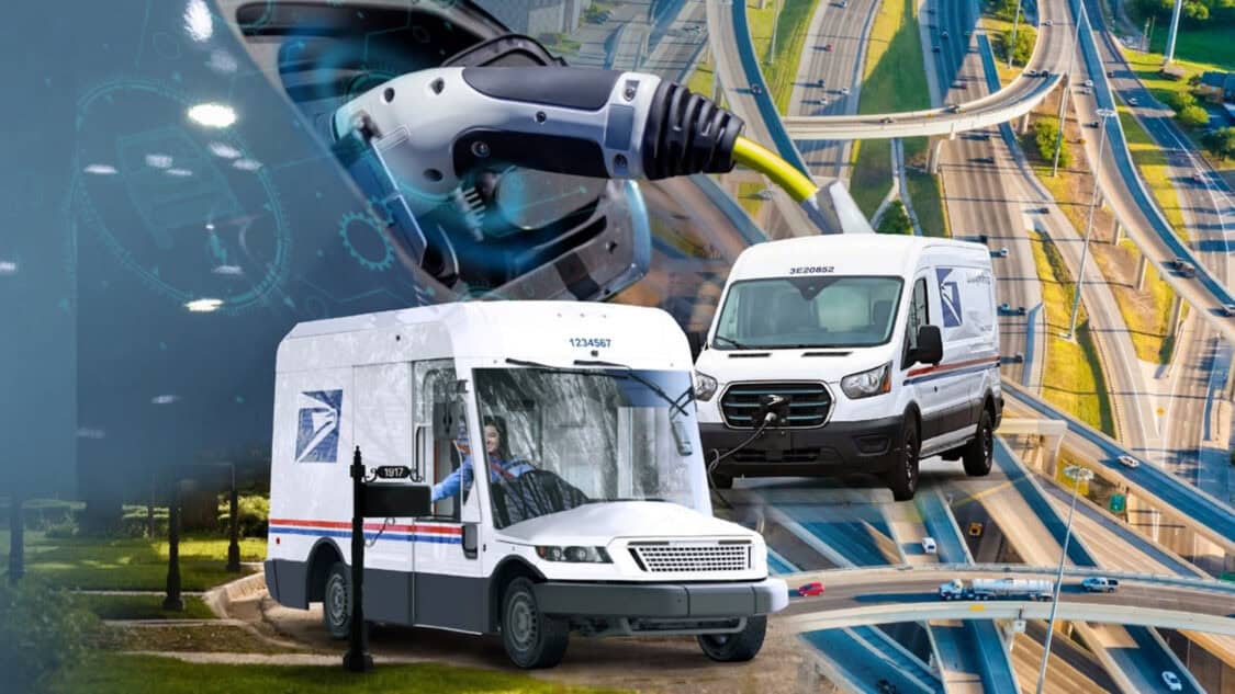USPS electric delivery vans on city roads with a charging plug in view, highlighting the agency’s growing zero emission fleet.