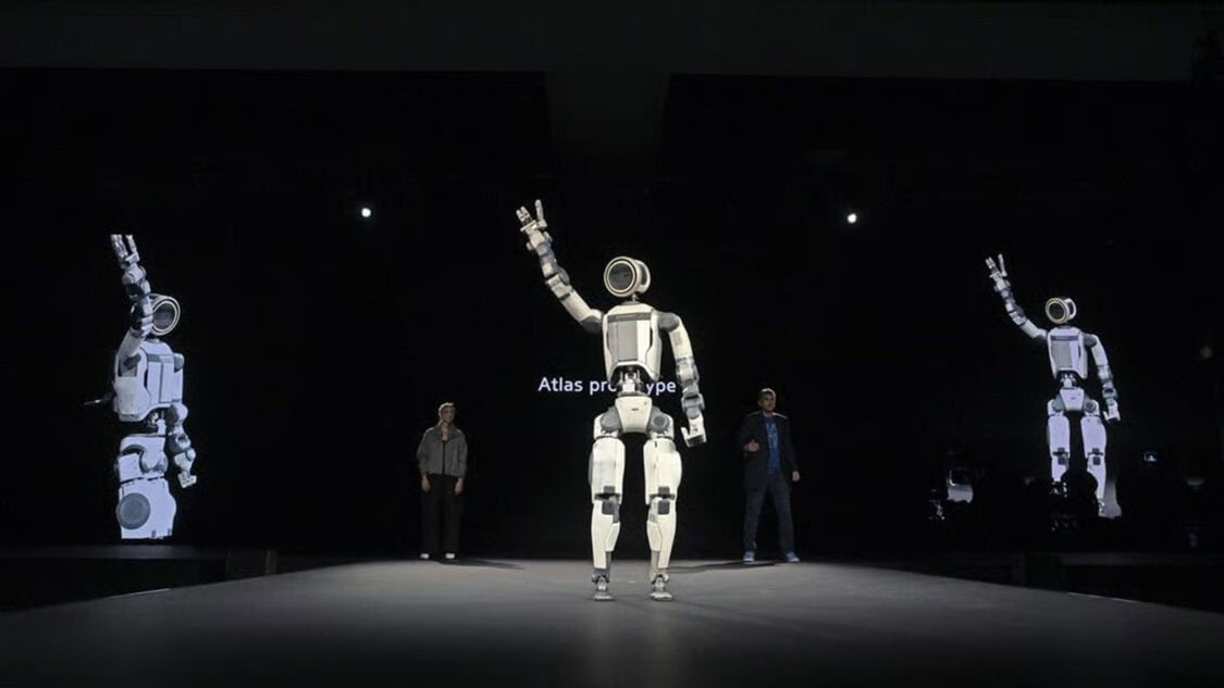 Atlas robot prototype from Boston Dynamics appearing on stage at CES 2026 during Hyundai’s human focused robotics presentation.