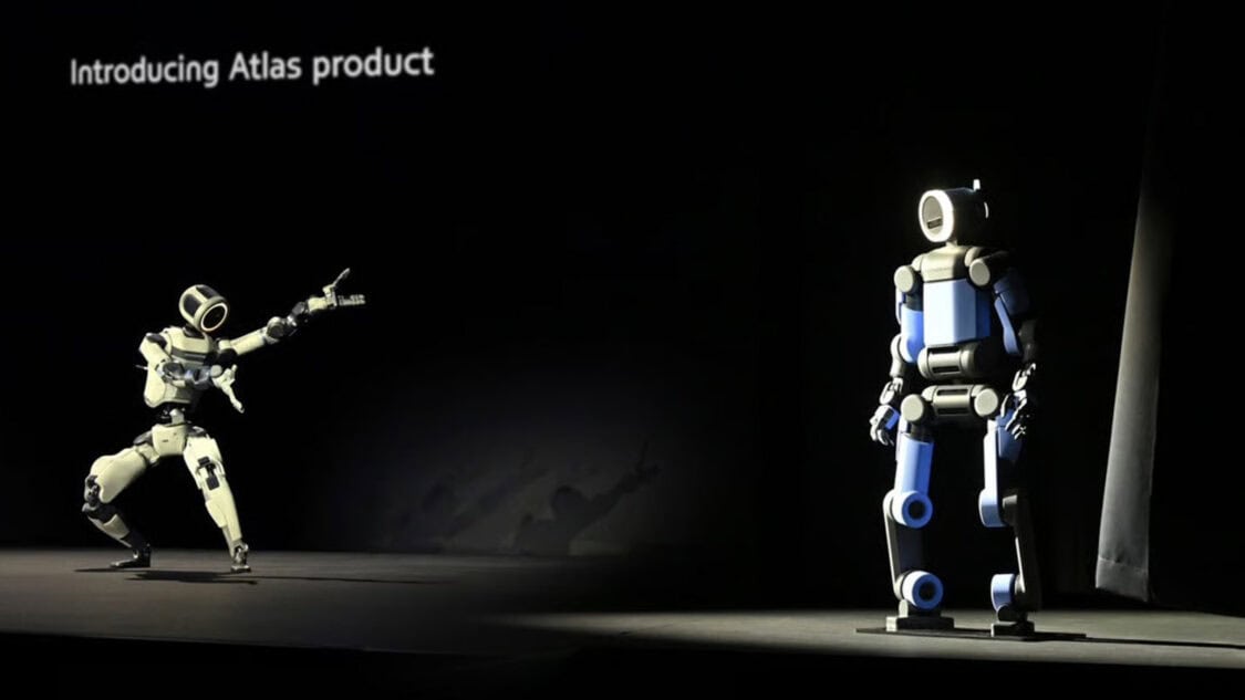 Atlas robot product introduction at CES 2026, highlighting Hyundai and Boston Dynamics humanoid robotics designed for factory environments.