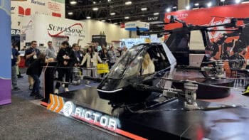 Rictor X4 ultralight eVTOL air mobility pod displayed at CES 2026 with eight propellers and compact cockpit