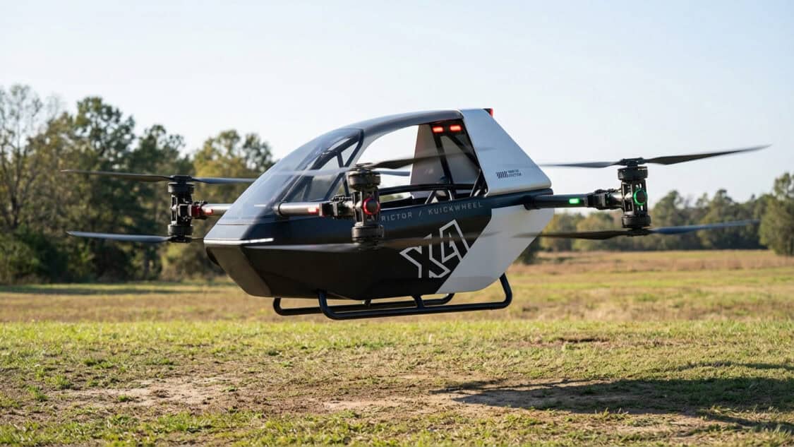 Rictor X4 ultralight eVTOL hovering low over an open field during flight testing